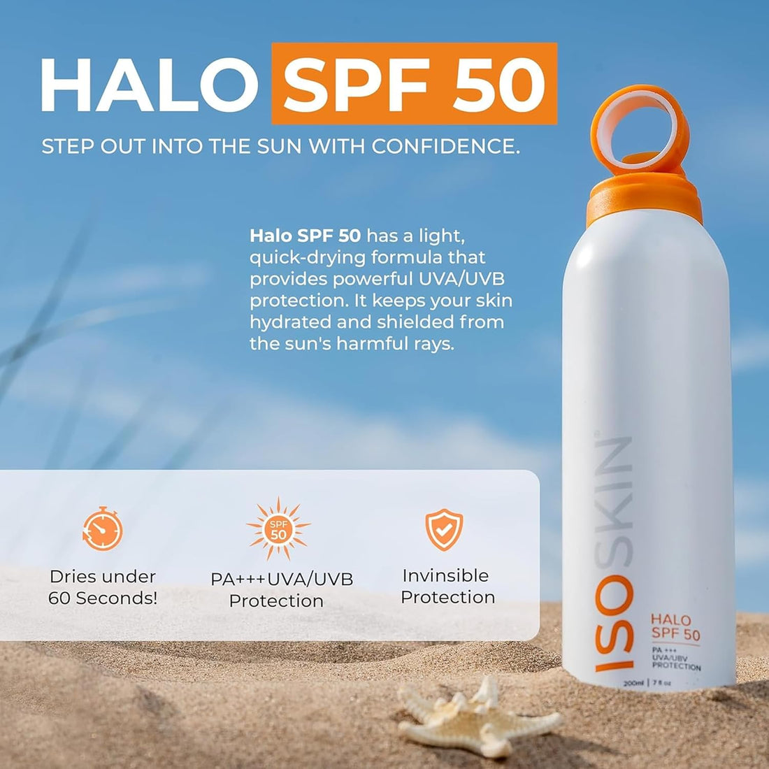 ISOSKIN Halo SPF 50 Spray - PA+++ UVA/UVB Protection, Non-Stick Instant Drying, Water Resistant, 200ml